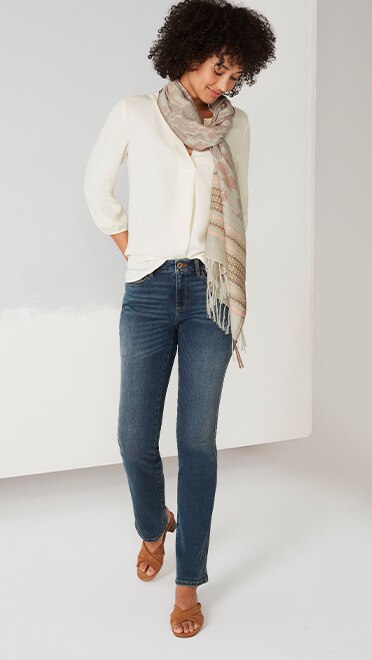 Shop our Wearever easy-care center-pleat blouse, modern slim boot-cut jeans, striped-border floral jacquard scarf and Celeste block-heel sandals