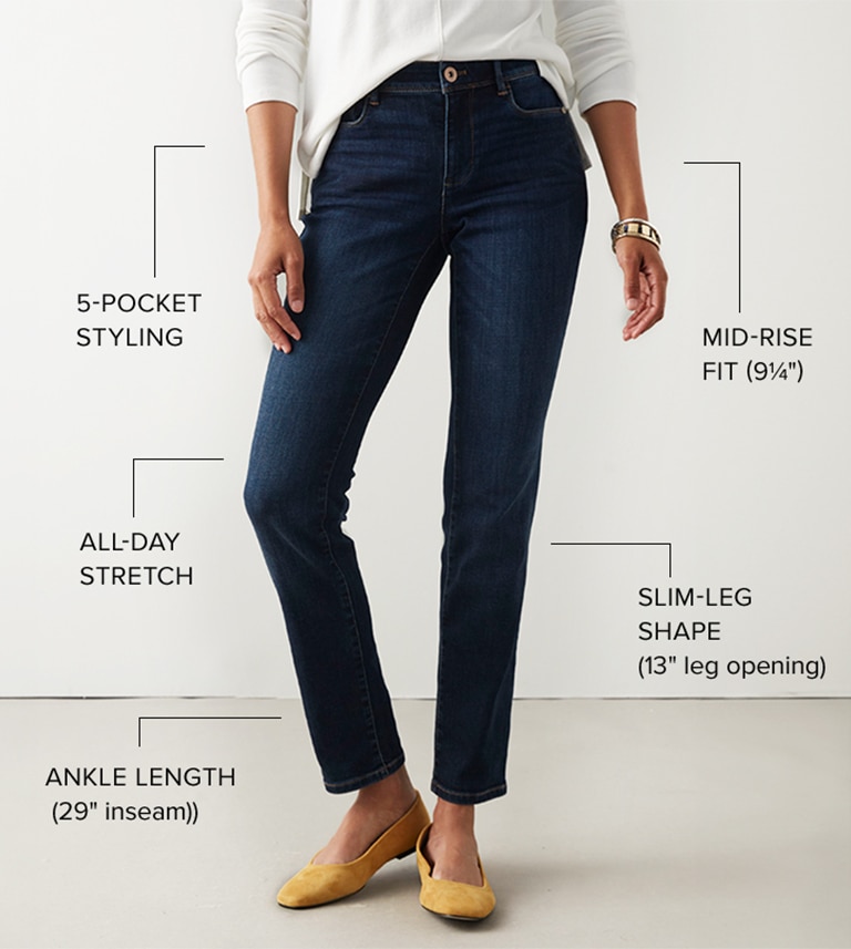 Mid-rise fit (9¼ inches); 5-pocket styling; Slim-leg shape (13 inch leg opening); All-day stretch; Aankle length (29 inch inseam)