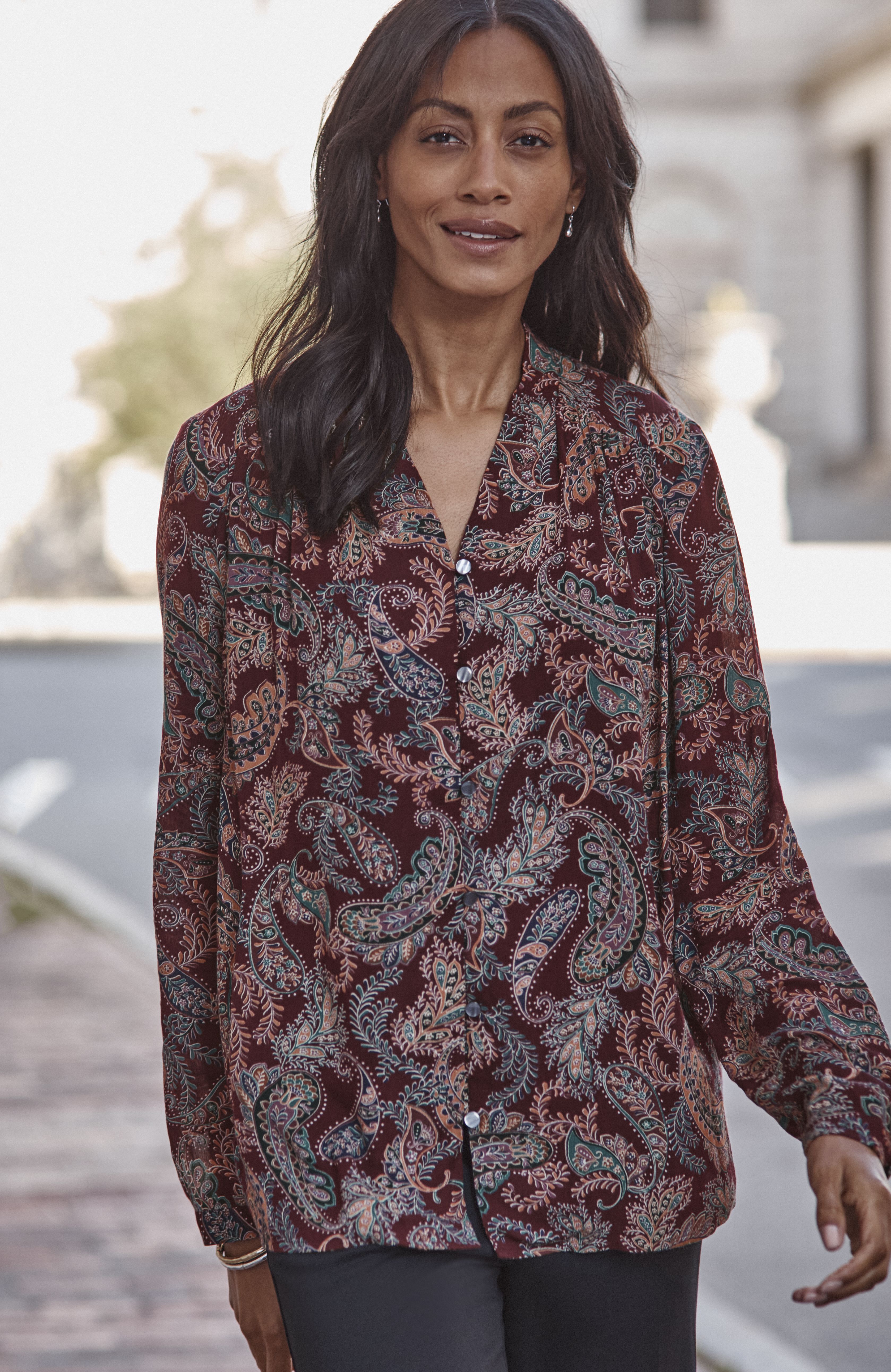 Shop our Wearever shirred button-front blouse