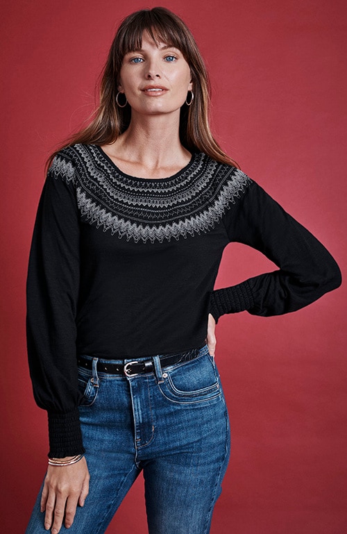 Shop our fair isle embroidered smocked top