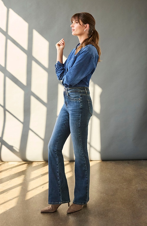 Shop our high-rise curved-pocket flare jeans
