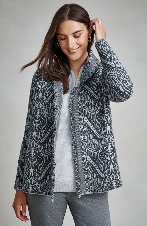Shop our pure jill printed jacquard fringed cardi