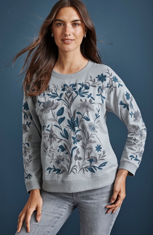 Shop our intricately embroidered sweatshirt
