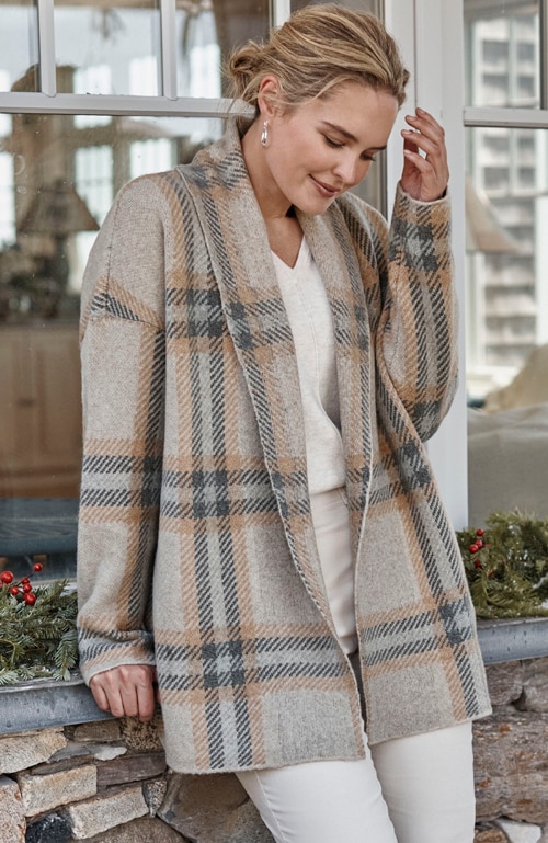 Shop our plaid shawl-collar cardi