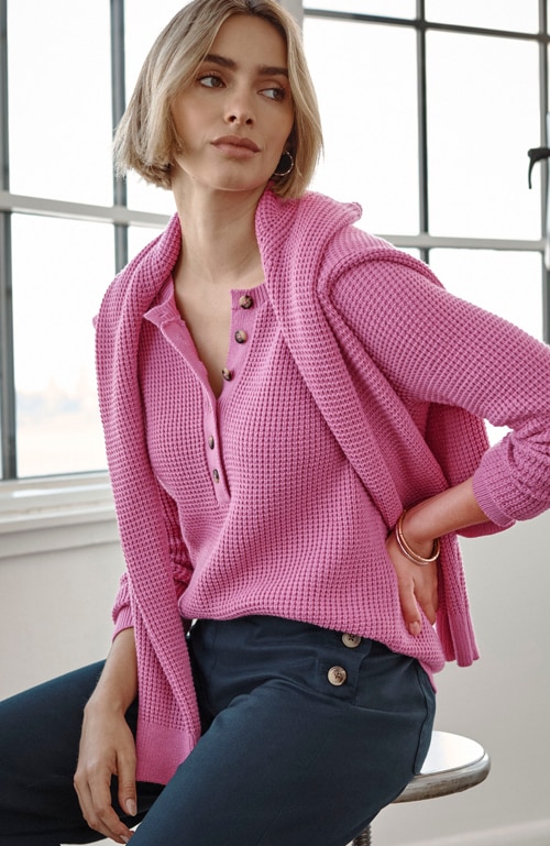 Shop our waffle-knit henley sweater