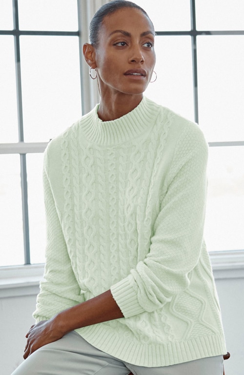Shop our cabled mock-neck sweater