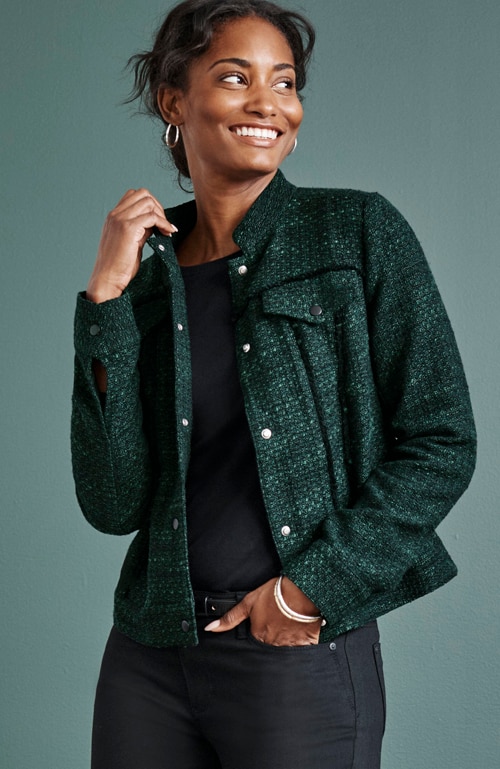 Shop our tweed snap-front jacket
