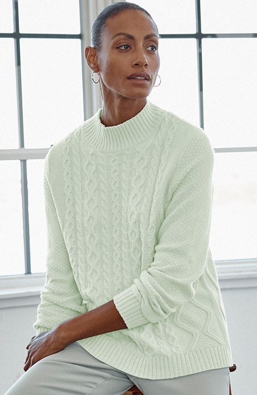 Shop our cabled mock-neck sweater