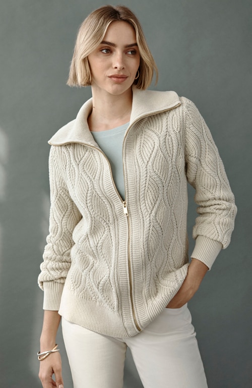 Shop our quilt-stitched zip-front cardi