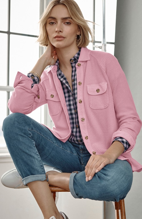 Shop our waffle-knit button-down shirt