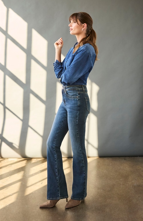 Shop our high-rise curved-pocket flare jeans