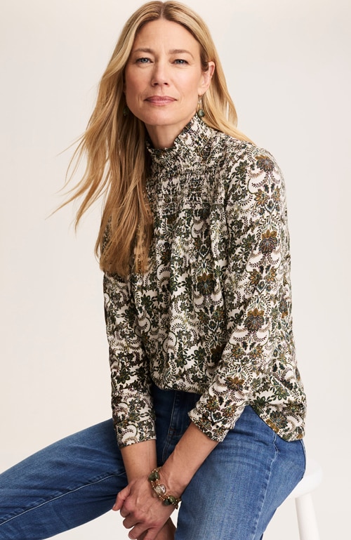 Shop our printed smocked detail top