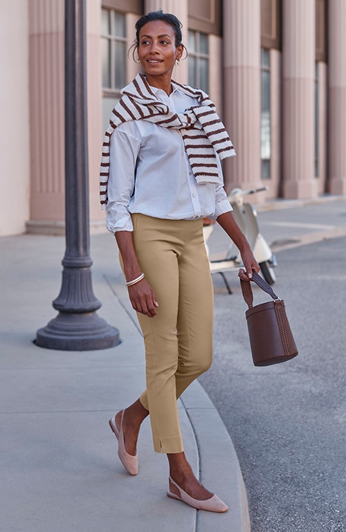 Shop our versatile cotton-stretch slim-leg pants