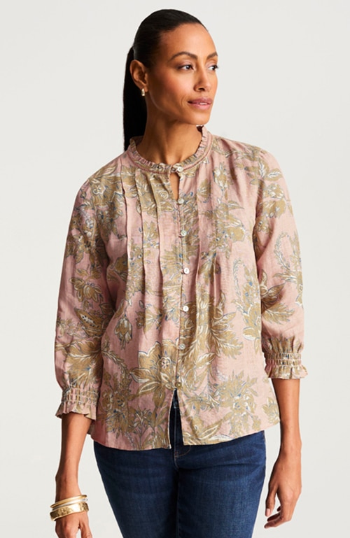 Shop our pintucked linen button-front shirt