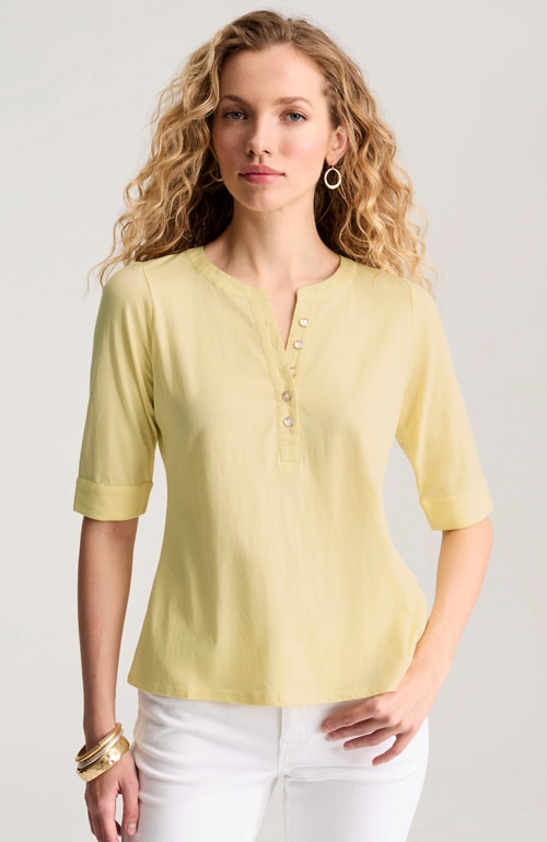 Shop our mixed-media cotton-blend top