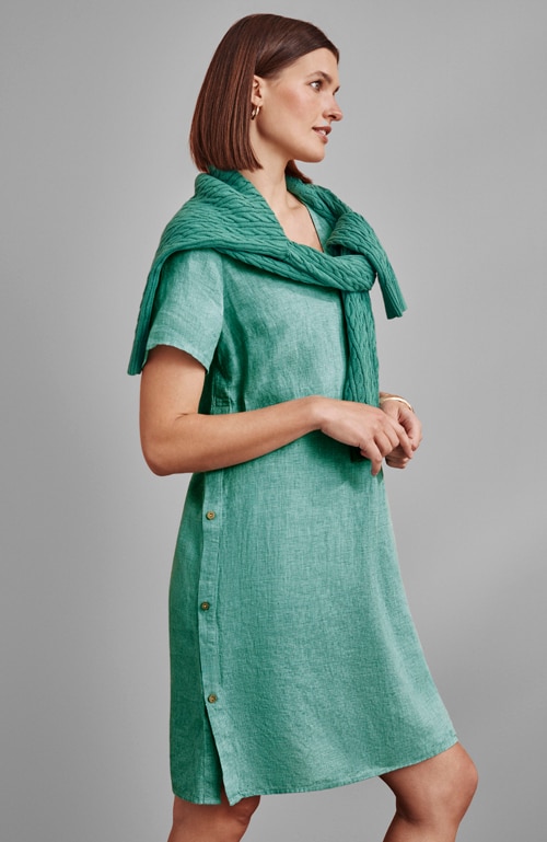 Shop our side-button linen v-neck dress