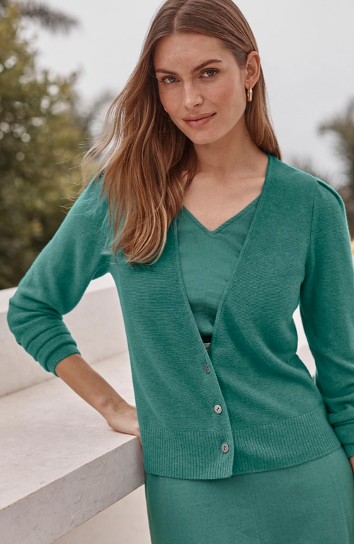 Shop our garter-stitch button-front cardi