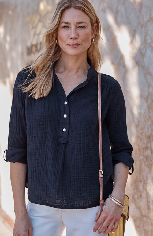 Shop our cotton-gauze henley popover