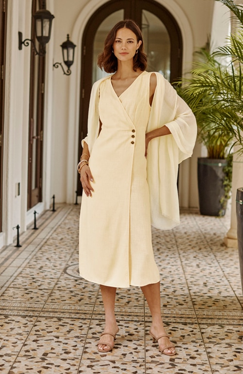 Shop our buttoned wrap dress