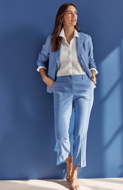 Shop our linen-stretch slim-leg pants