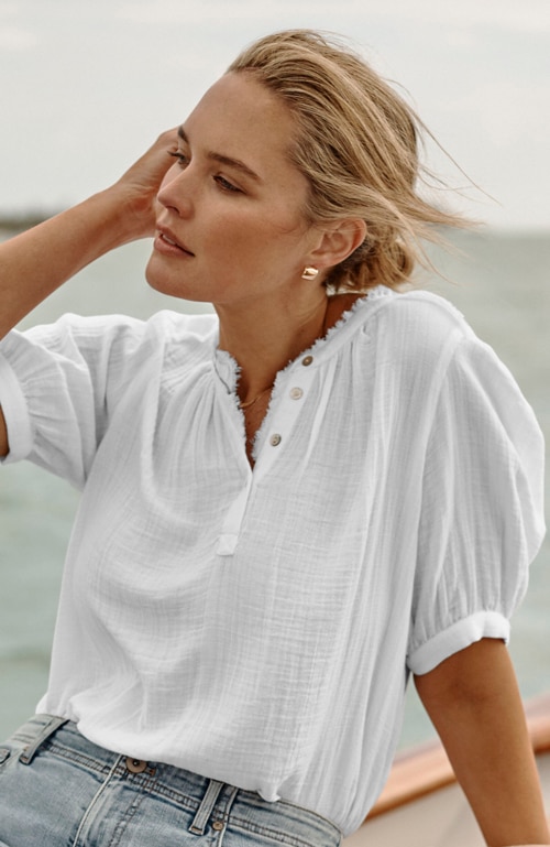 Shop our cotton-gauze raw-edge popover