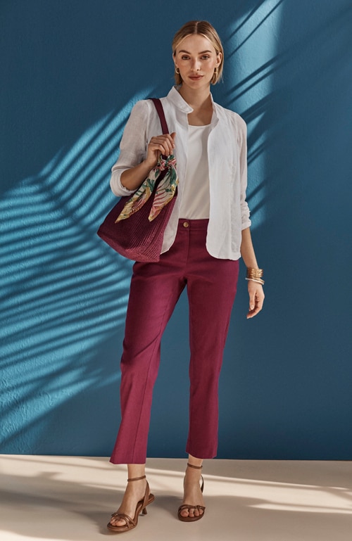 Shop our linen-stretch slim-leg pants