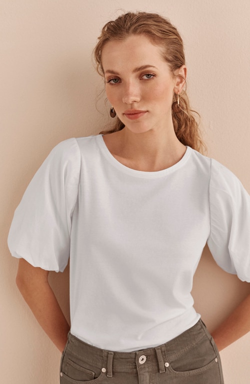 Shop our mixed-media elbow-sleeve top