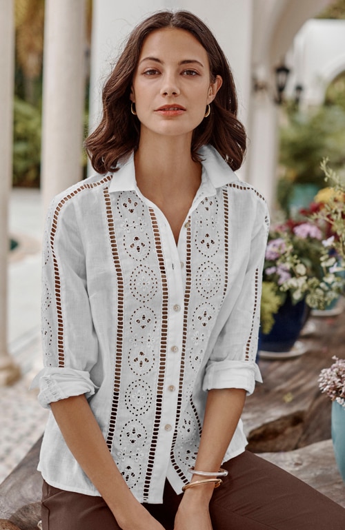 Shop our linen eyelet button-front shirt