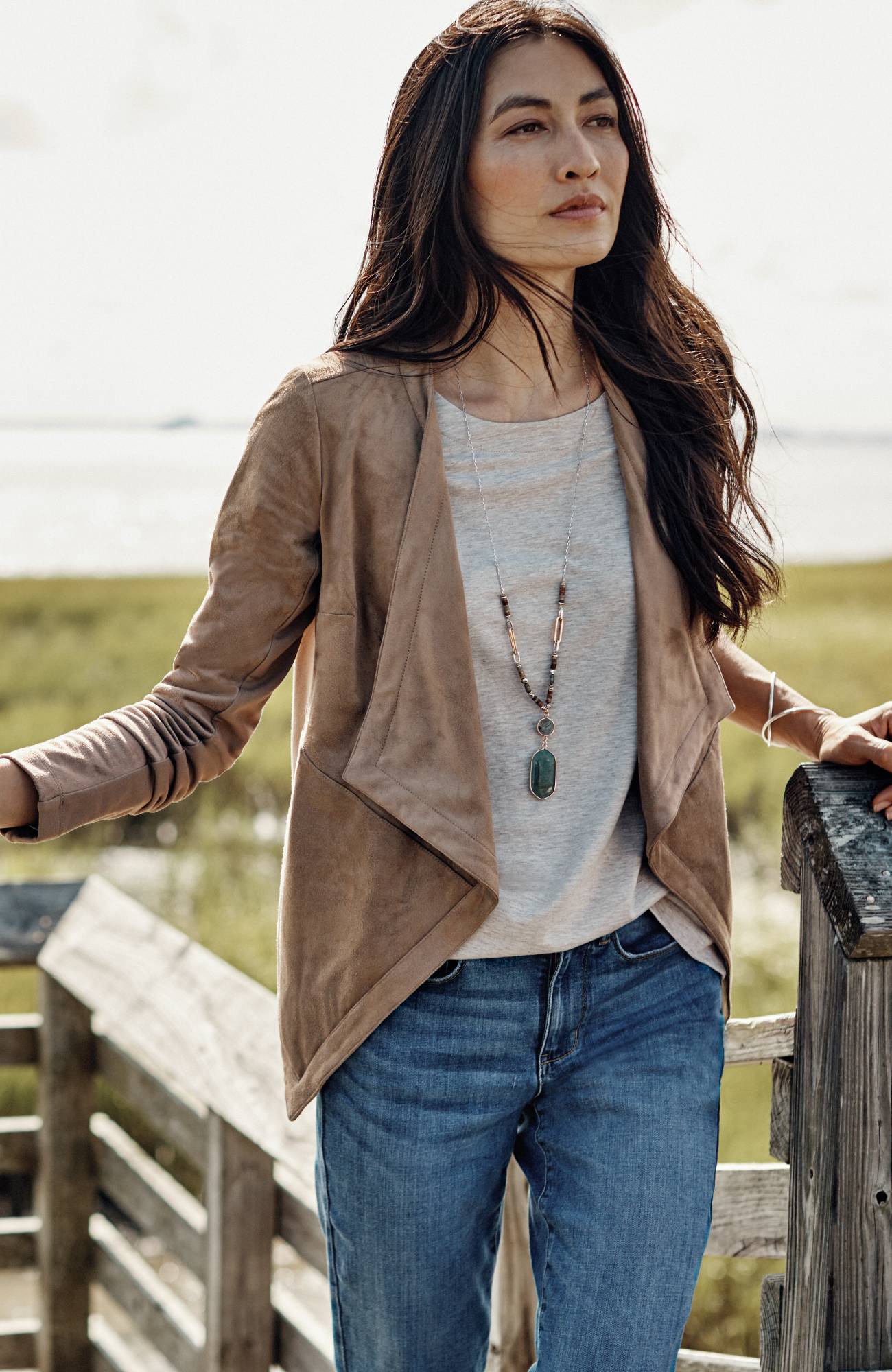 draped faux suede jacket