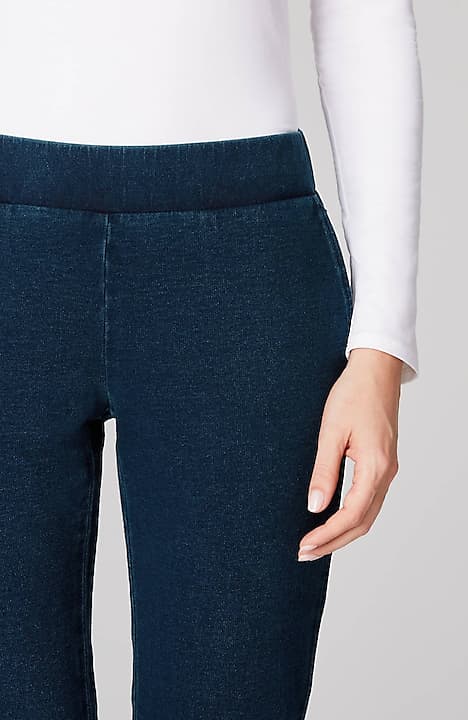pure jill indigo knit cropped slim-leg jeans