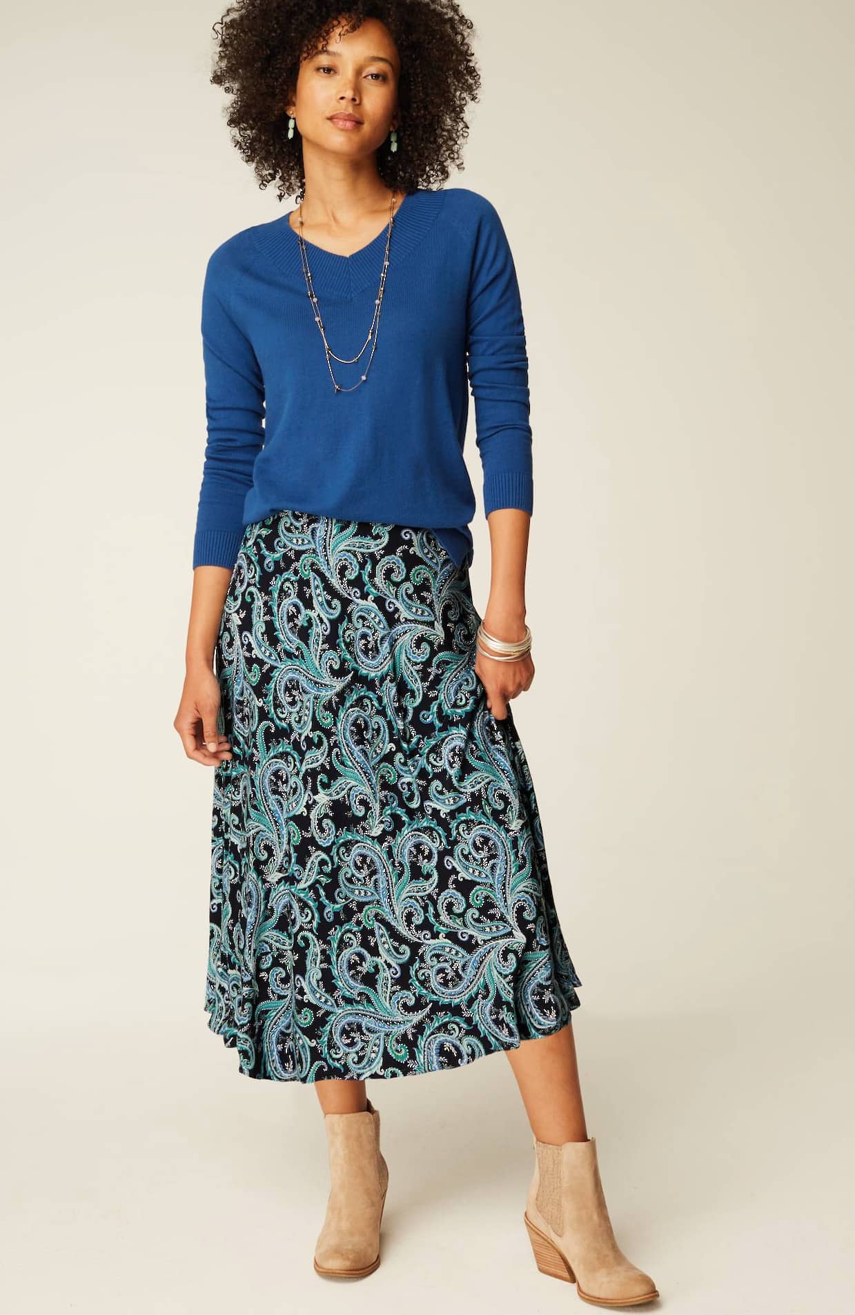 J.Jill Small Layered A Line Skirt 100% Cotton Light Blue w/ Paisley Print