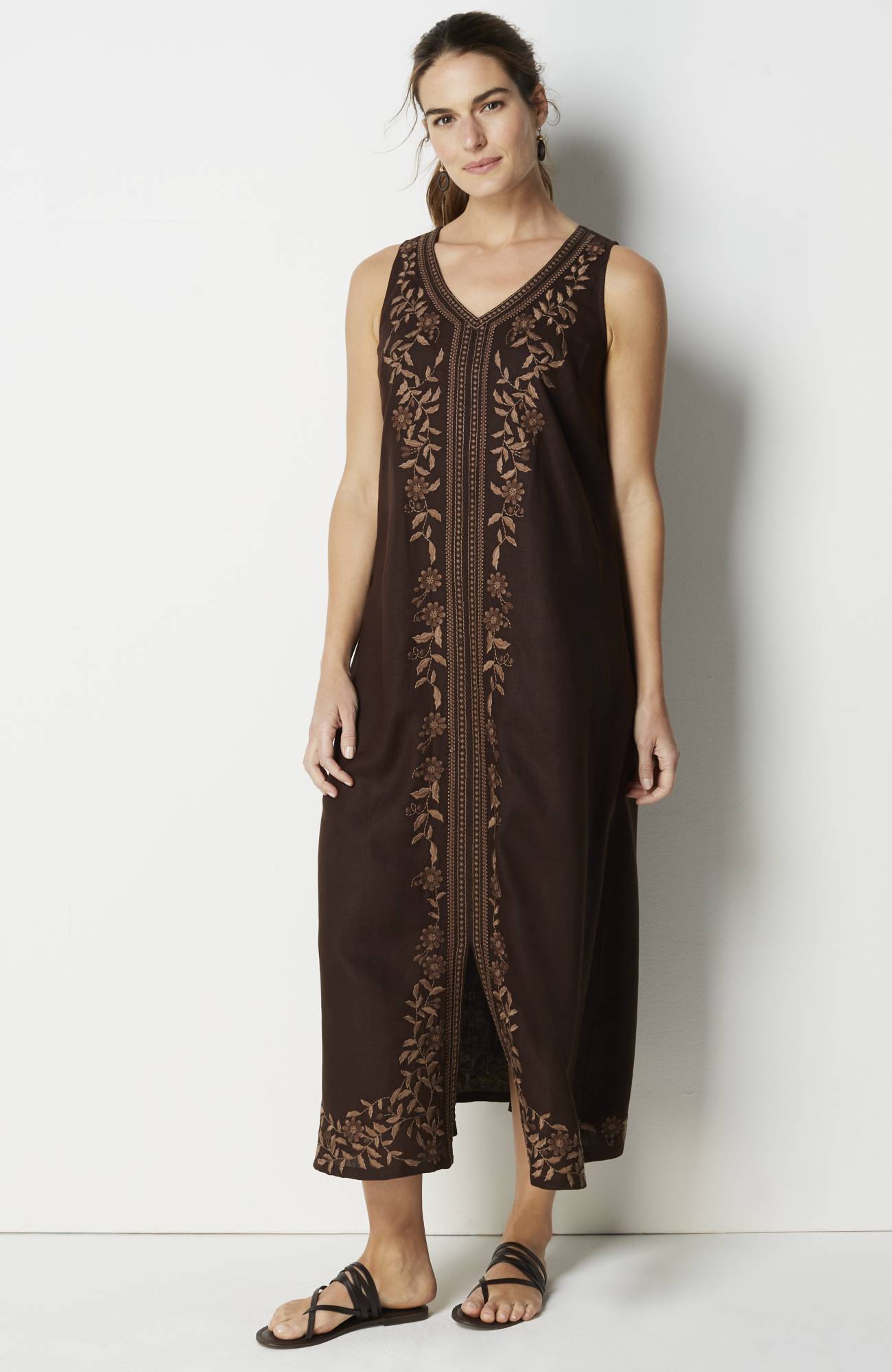 PURE JILL EMBROIDERED LINEN MAXI DRESS 