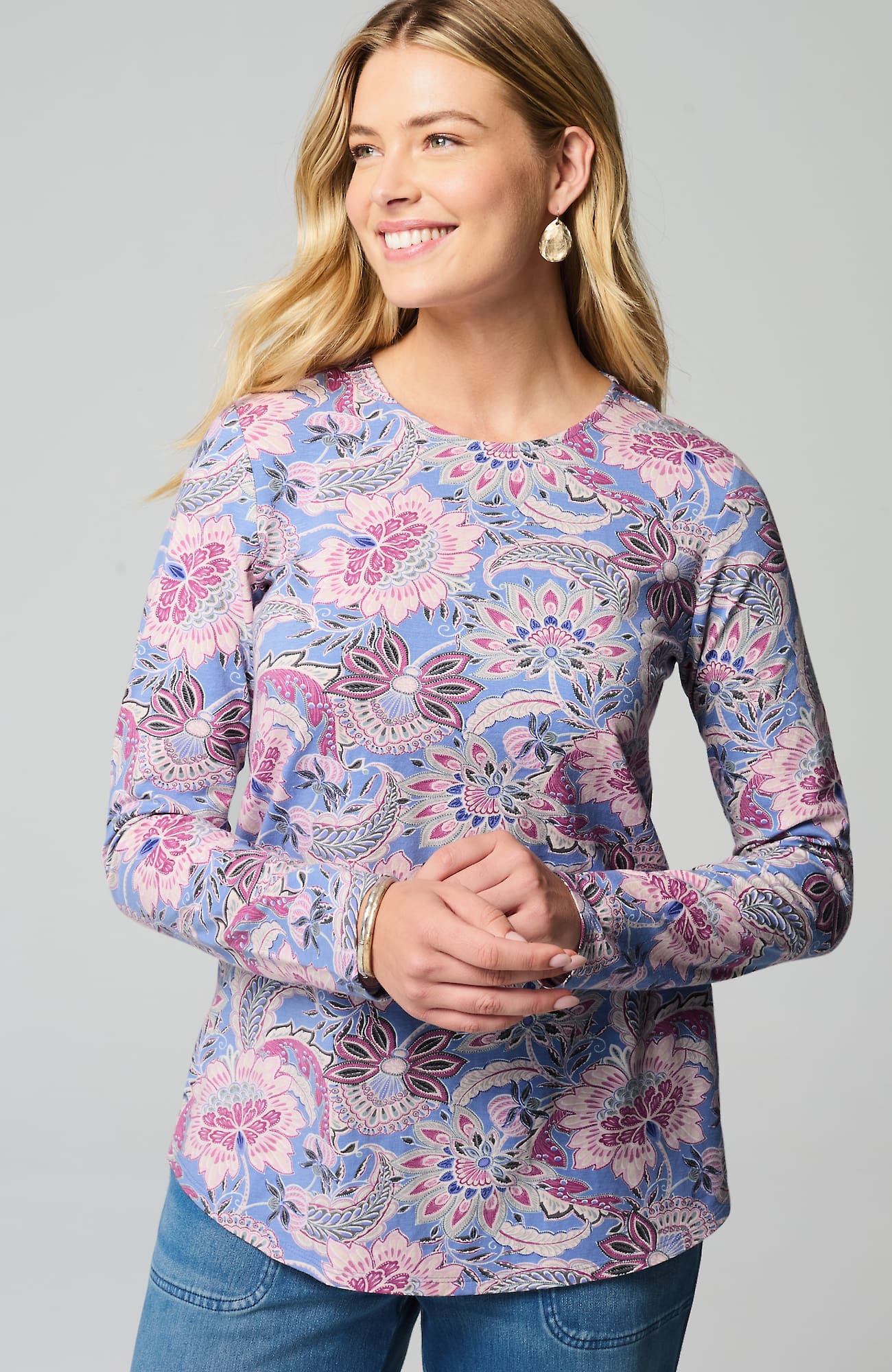 Jjill J.jill Pure Jill Long-sleeve Shirttail Tee In Soft Harbor Jeweled Jacobean