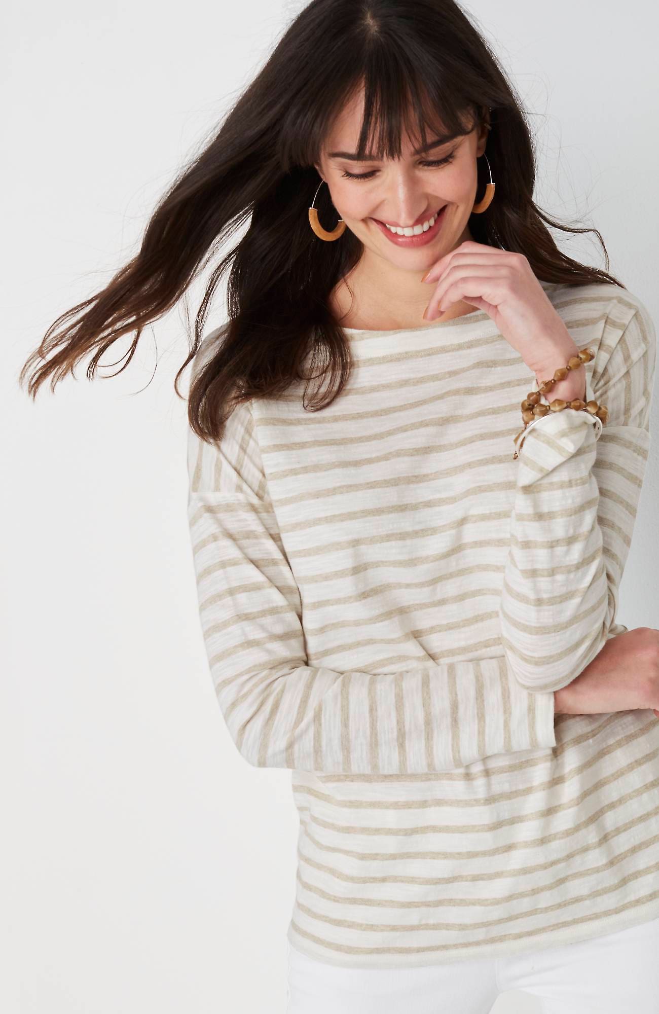 Jjill J.jill Relaxed Boat-neck Tee In Cream,dark Oatmeal Heather