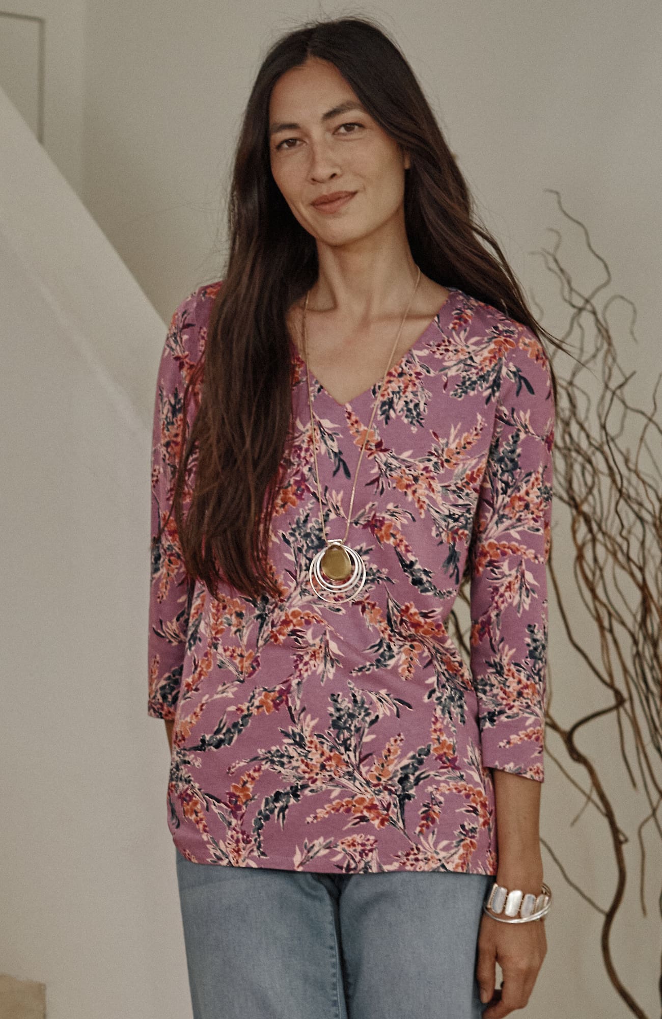 Jjill J.jill Pure Jill Printed V-neck Tee In Smoky Plum Tousled Floral