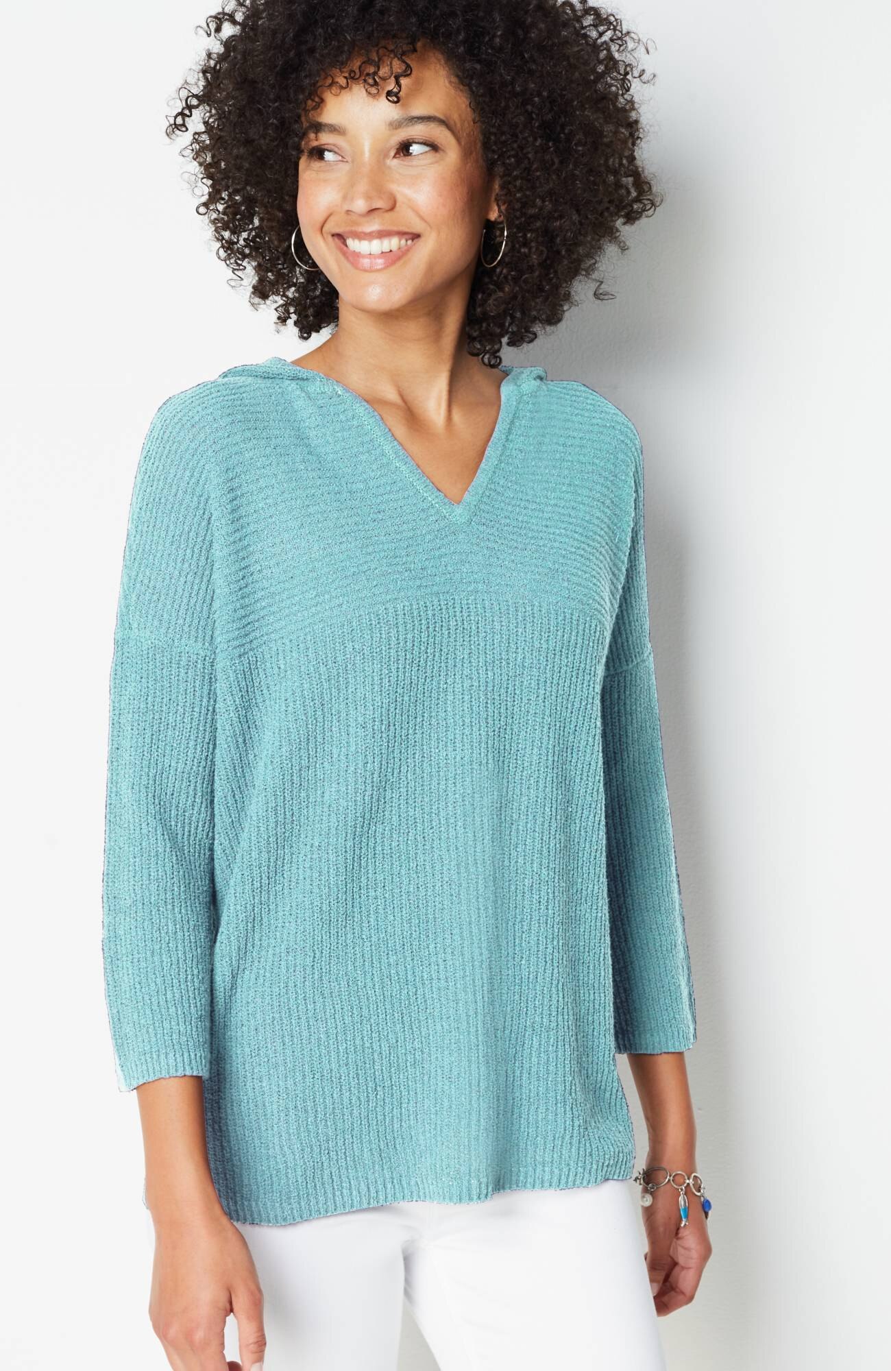 Ribbed V-Neck Hooded Sweater | JJill
