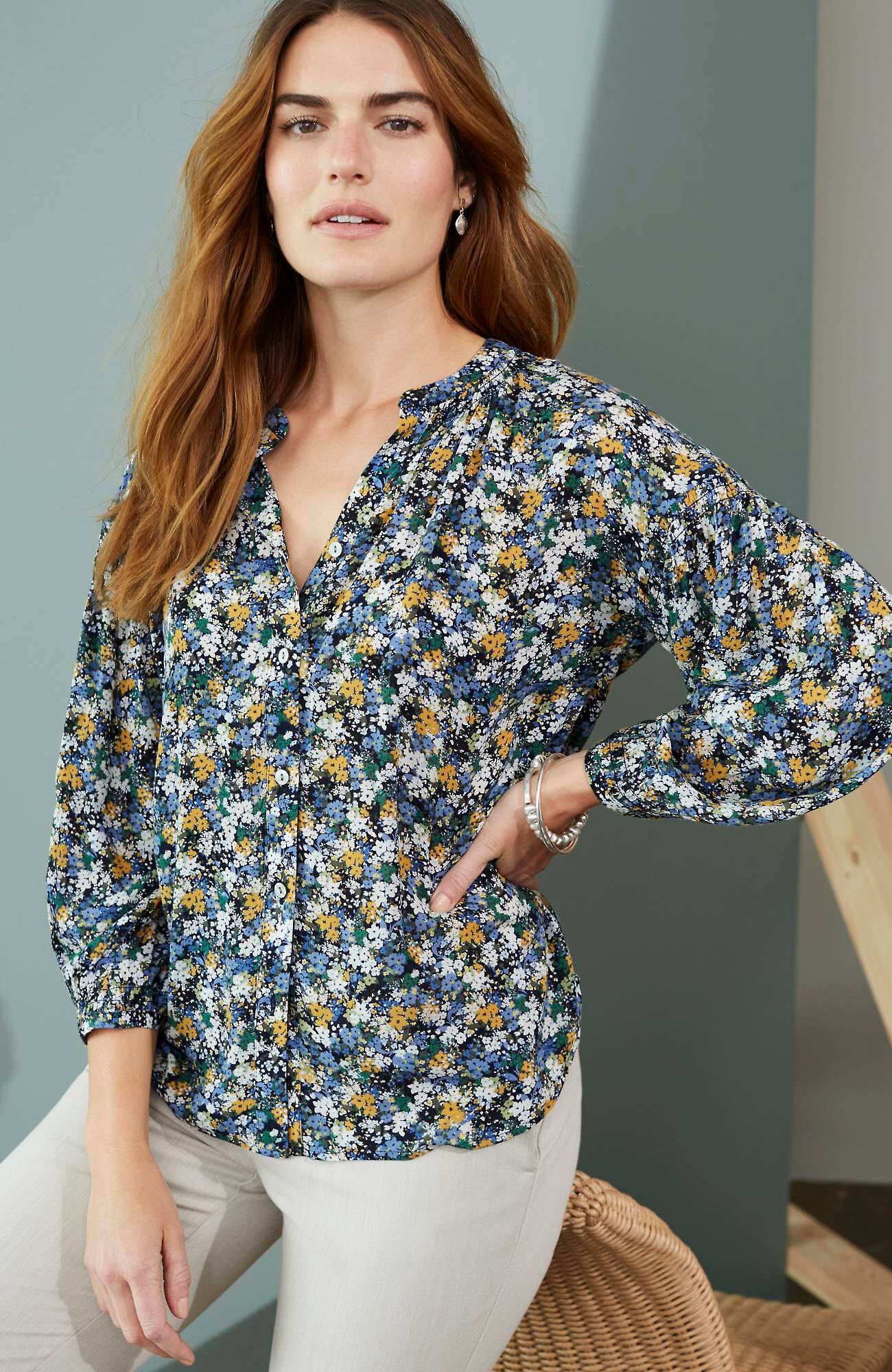 Jjill J.jill Smocked Relaxed Rayon Blouse In Navy Blue Sm Wildflowers