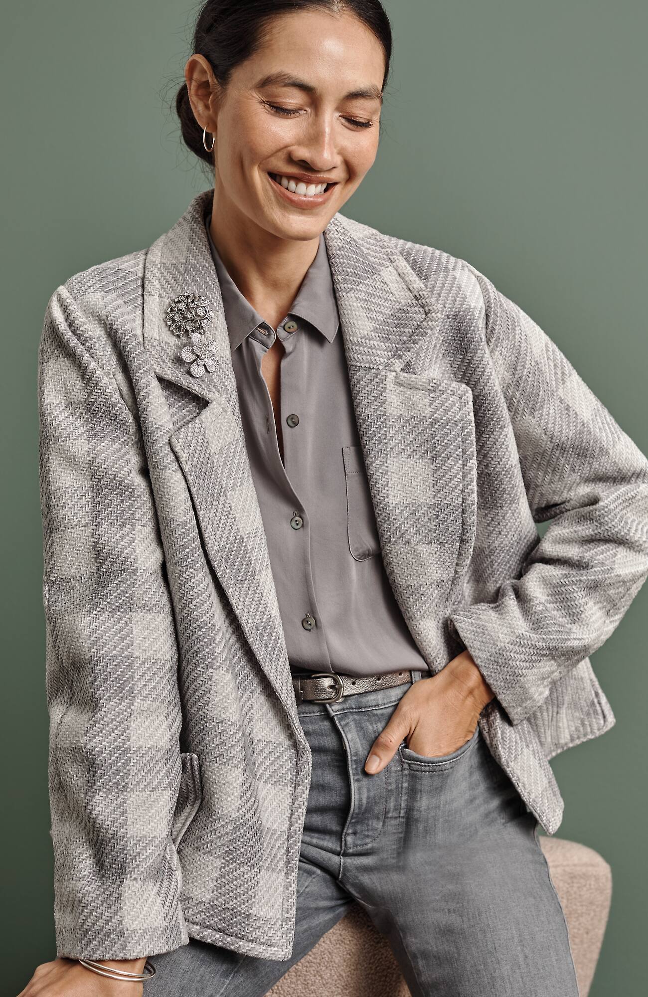 Jjill J.jill Chenille Plaid Swing Jacket In Grey,light Grey