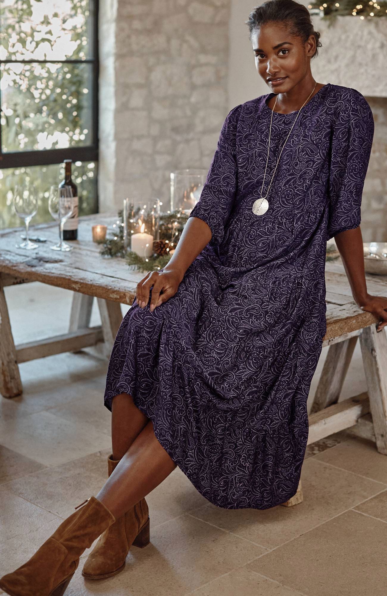 Jjill J.jill Tiered Set-in-sleeve Midi Dress In Grape Crush