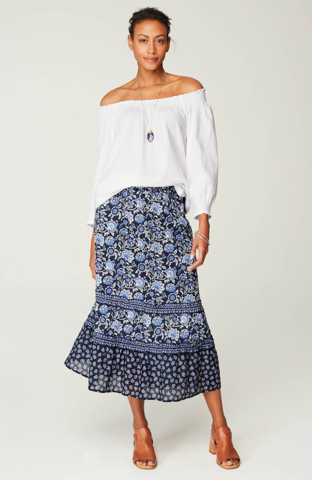 Mixed-Print Ruffled Maxi Skirt