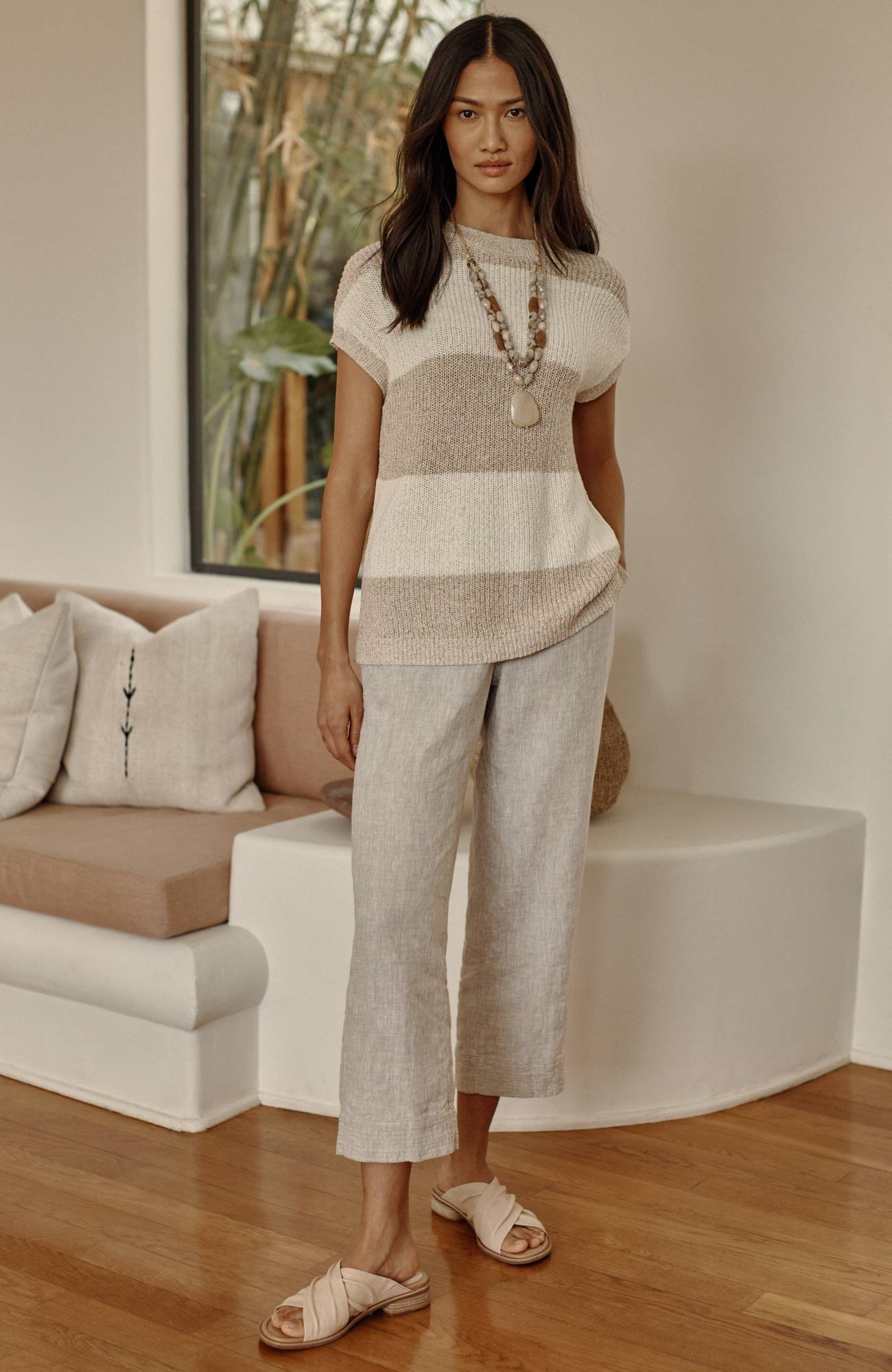 Pure Jill Linen Trapunto-Stitched Pants