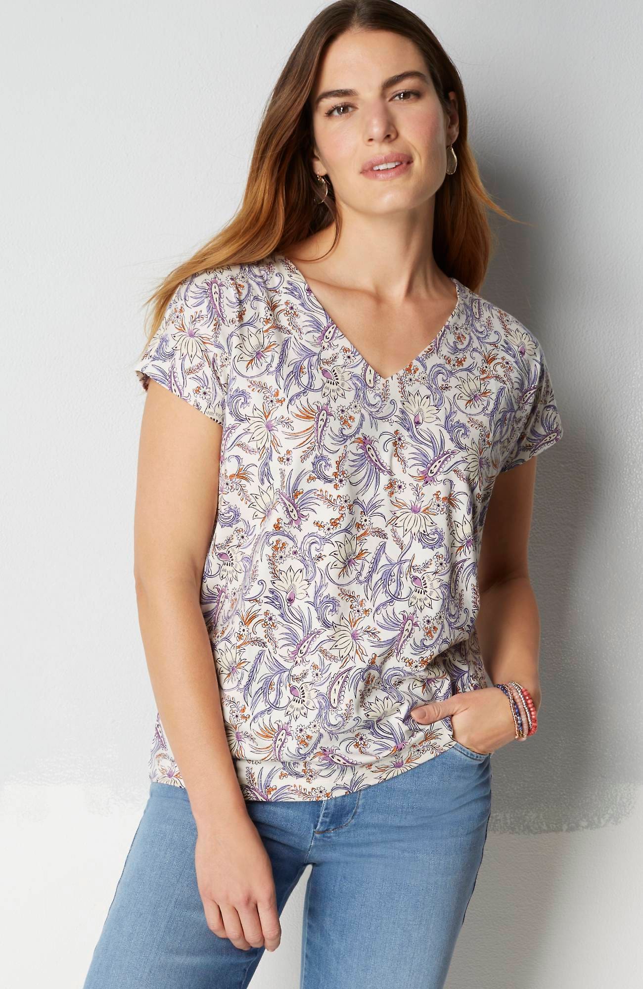 Jjill J.jill Luxe Supima® Pleat-back Tee In Violet Whimsical Jacobean