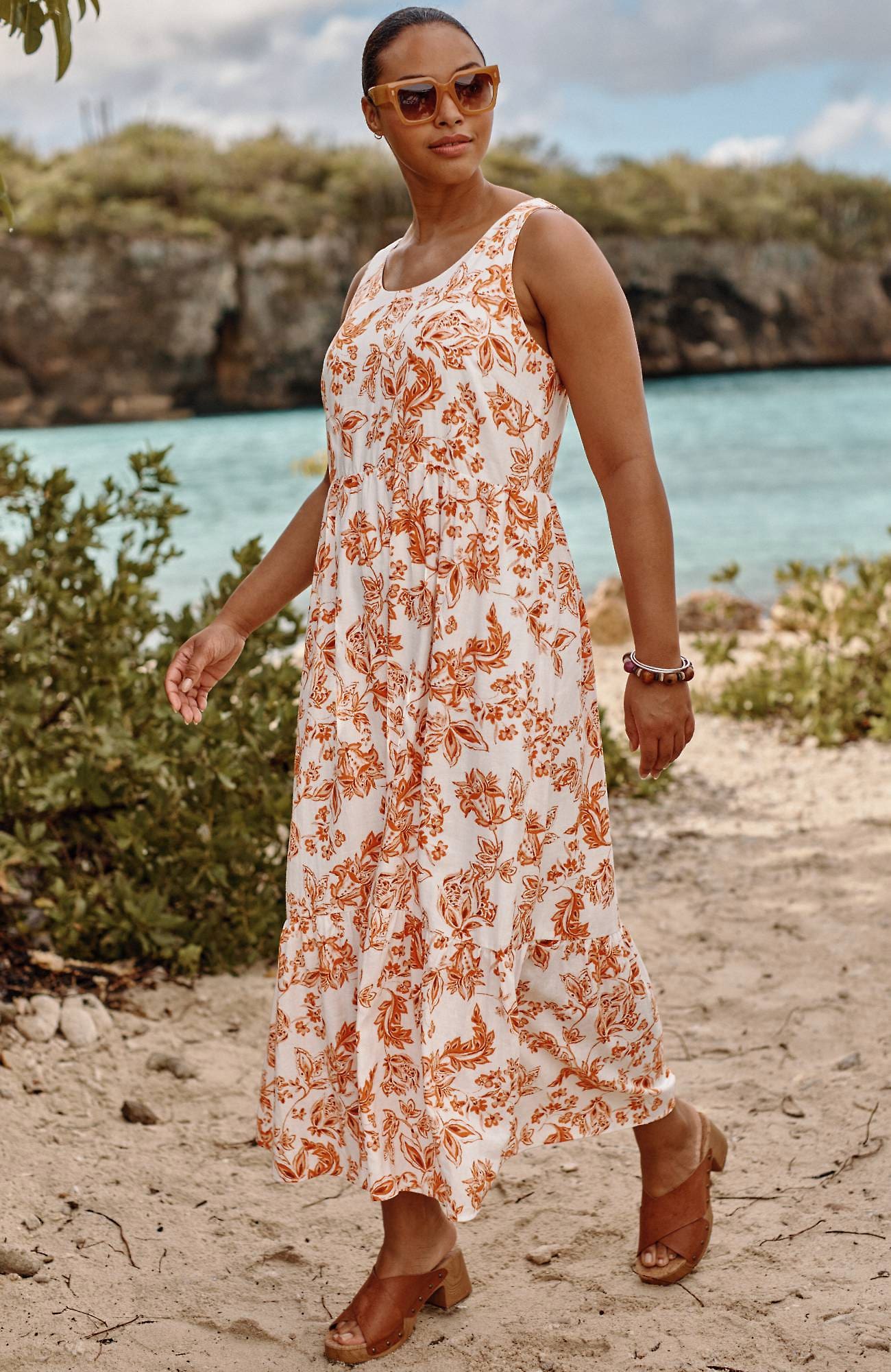 Jjill J.jill Smocked-back Flounced-hem Maxi Dress In Navigator Orange  Floral Breeze | ModeSens