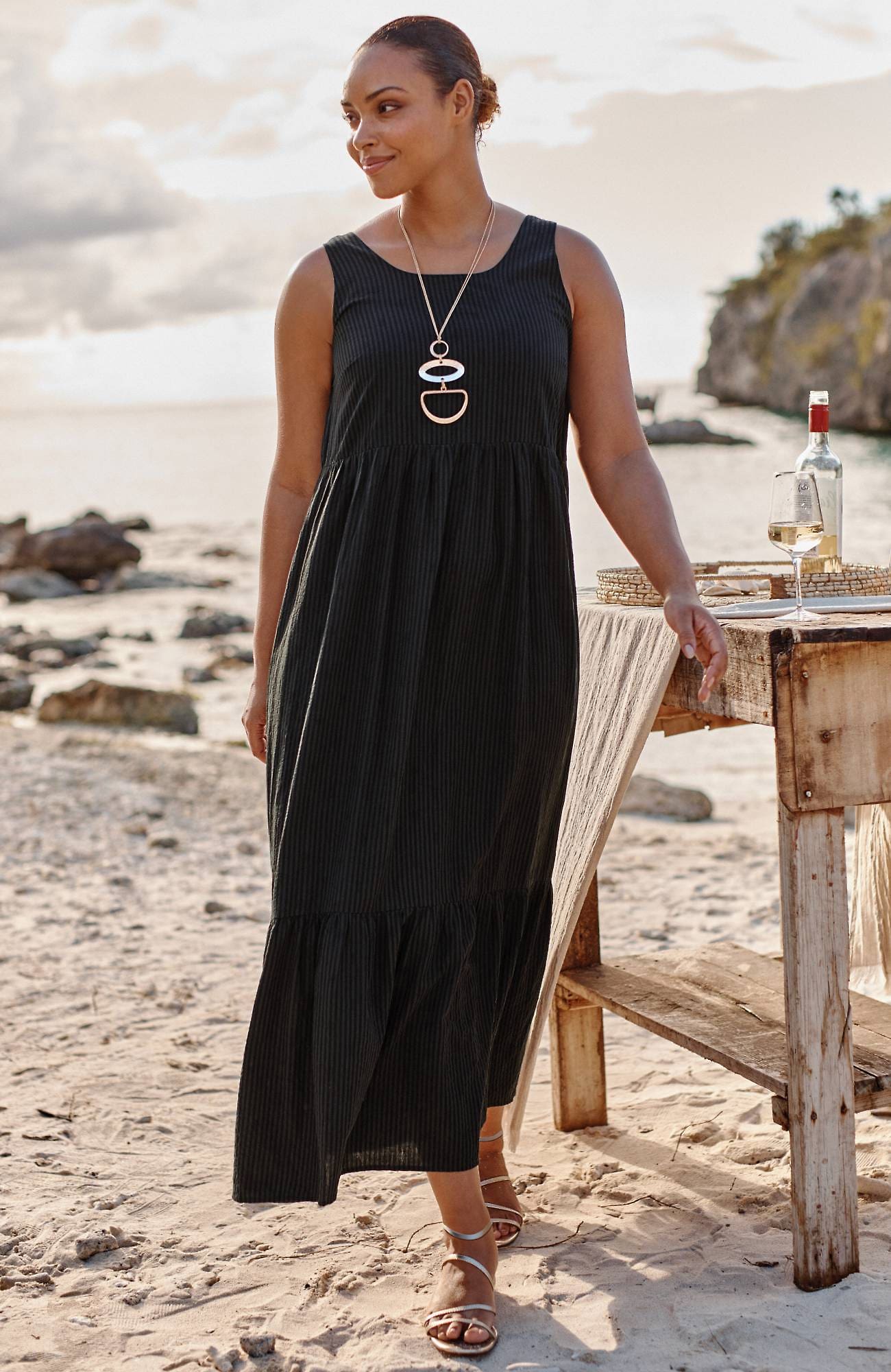 Jjill J.jill Smocked-back Flounced-hem Maxi Dress In Black