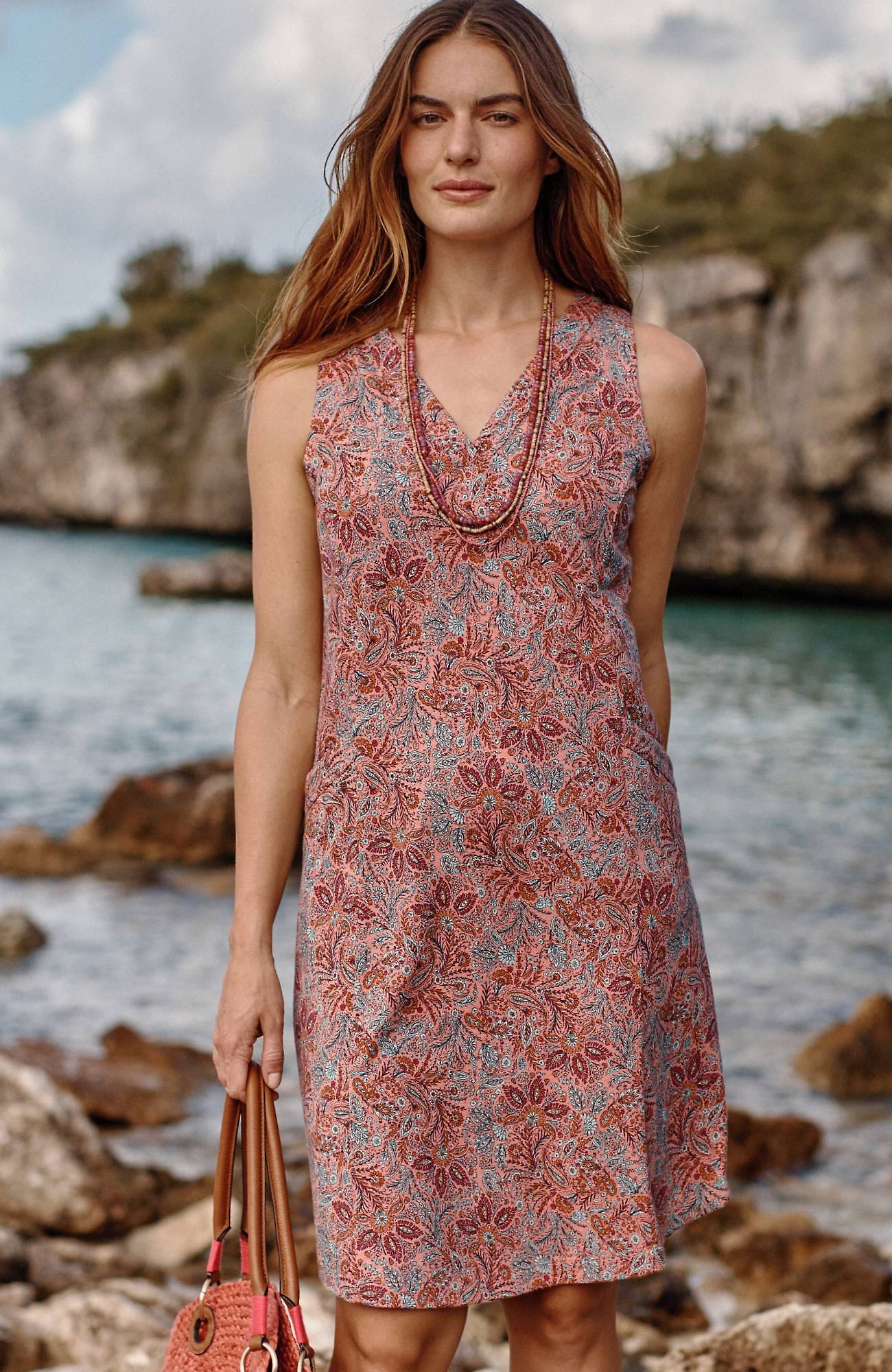 Jjill J.jill Sleeveless V-neck Knit Dress In Coral Stone Tossed Floral Paisley