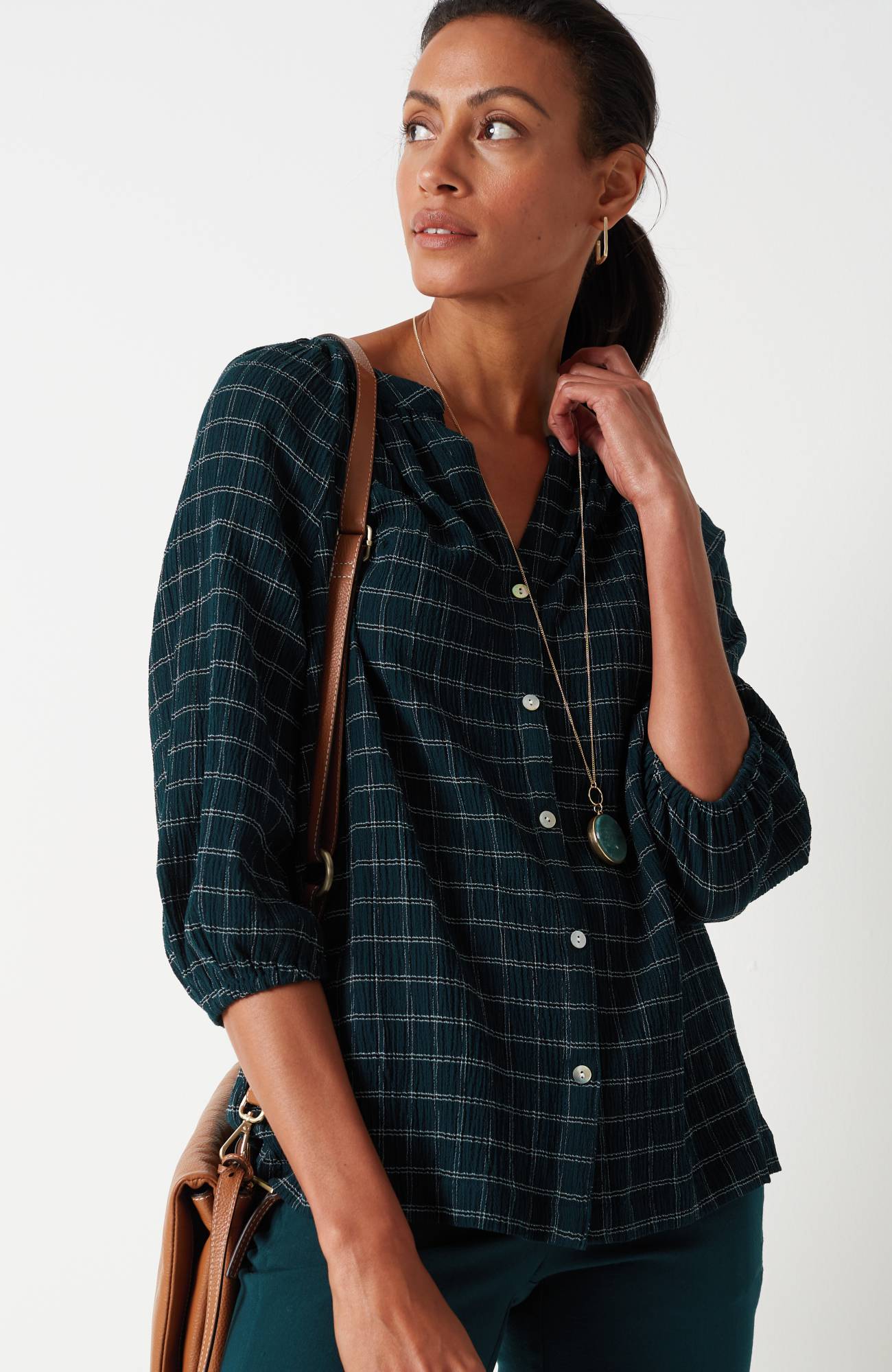 Crinkled Plaid Relaxed Top