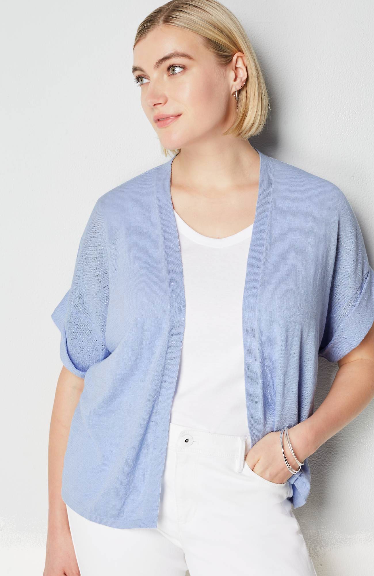 Jjill J.jill Short Cuffed-sleeve Open-front Cardi In Pale Blue