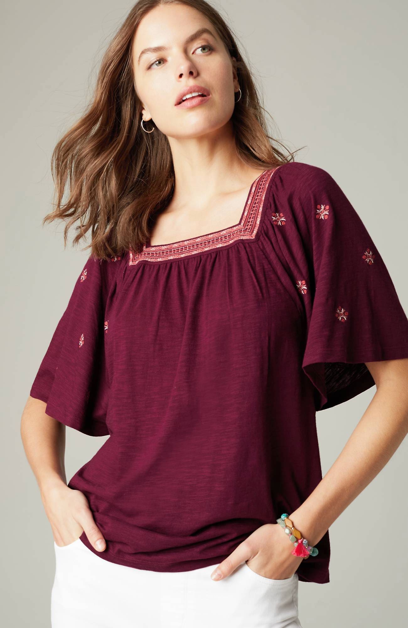 Jjill J.jill Square-neck Elbow-sleeve Top In Red Sangria Multi