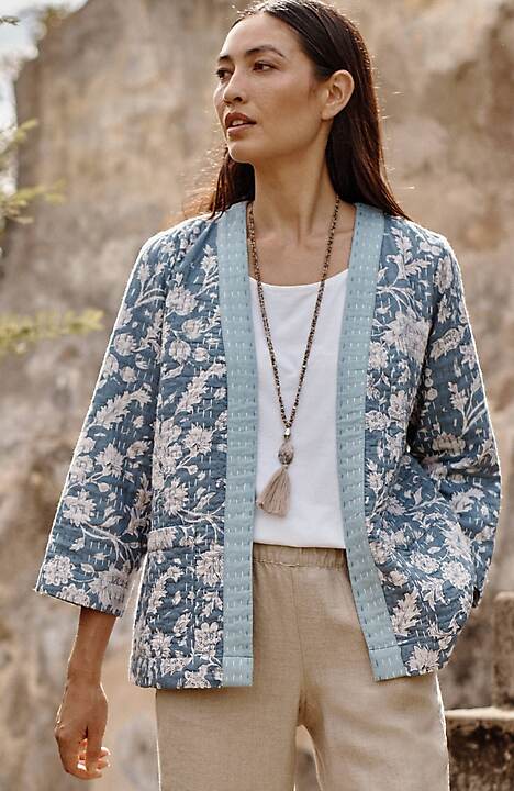 Quilted Jacket With Pockets Linen Kimono Jacket for Women 