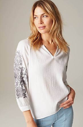 Image for Pure Jill Embroidered-Sleeve Crinkled Top